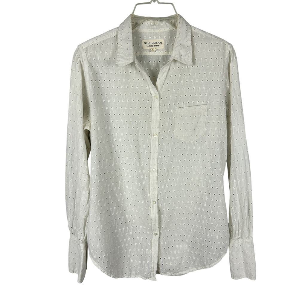 Nili Lotan White Floral Eyelet Lace Collared Button Down Shirt M